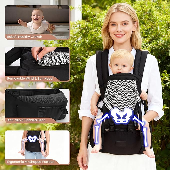 Baby Carrier 6-in-1 Newborn to Toddler,Hip Seat,Adjustable Detachable Infanti Carrier,for All Seasons & Positions,Shopping Travelling, Black