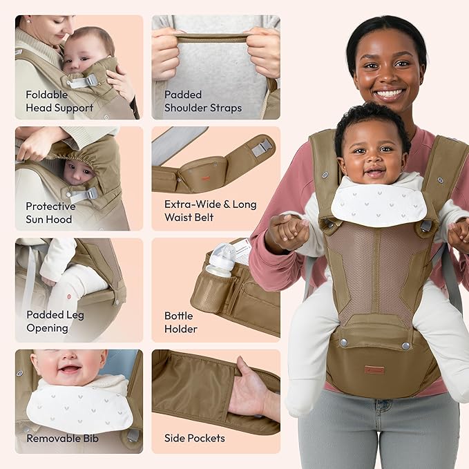 BabbleRoo Grow Carrier – Safety-Certified 6-in-1 Baby Carrier with Hip Seat, Ergonomic & Adjustable Toddler Carrier 7-50 lbs with Hip Support, Hood for Sun Protection, Newborn to Toddler, Warm Taupe