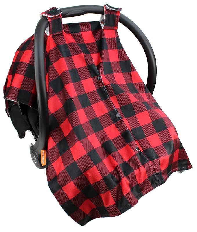 Dear Baby Gear Car Seat Canopy - Unisex Infant Car Seat Cover - Soft and Breathable Fabric - Fits Most Carseats - Winter Moose/Red Black Plaid - 40"x30"