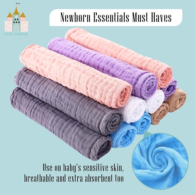 Cute Castle 12 Pack Muslin Burp Cloths for Baby - Ultra-Soft 100% Cotton Baby Washcloths - Large 20'' by 10'' Super Absorbent Milk Spit Up Rags - Burpy Cloths for Unisex, Boy, Girl - Multicolor