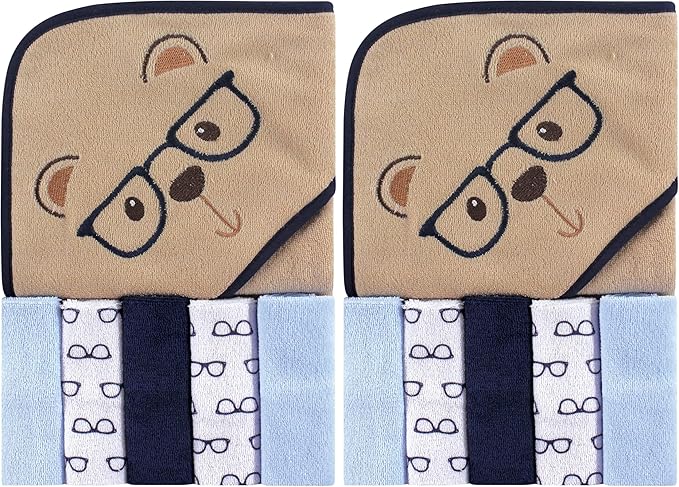 Luvable Friends Unisex Baby Hooded Towel with Five Washcloths, Smart Bear, One Size (Pack of 2)