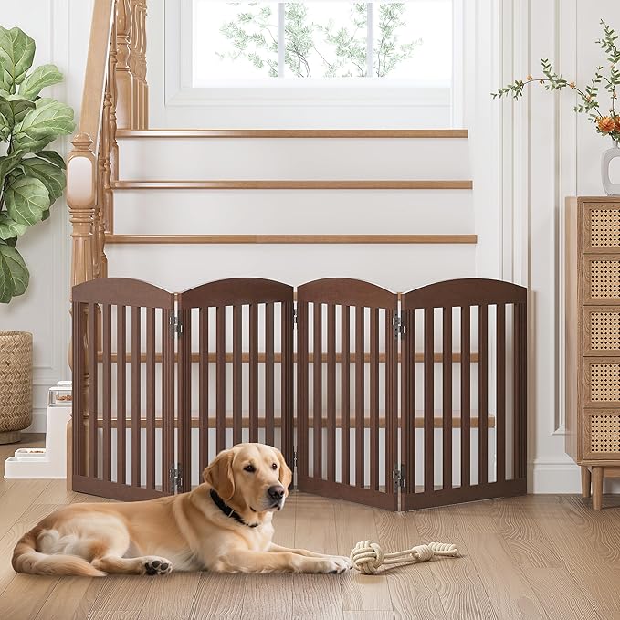 SPIRICH 96" Extra Wide 28" Tall Dog Gate Indoor, Dog Gates for Doorways, Stairs, The House, Wooden Freestanding Foldable Pet Gate, Step Over Puppy Gate, 4 Panels, Brown