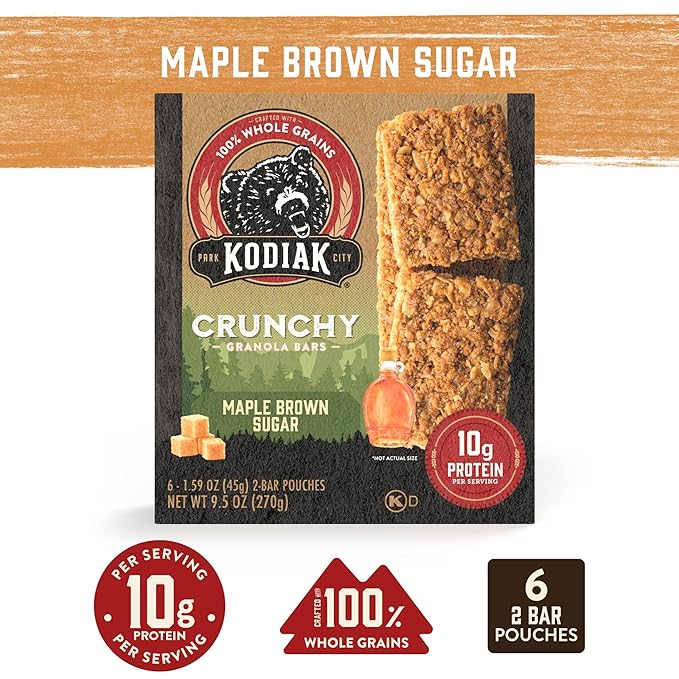 Kodiak Cakes Crunchy Granola Protien Snack Bars, Maple Brown Sugar, High Protein, 100% Whole Grains, 12 boxes with 6 pouches (144 bars)
