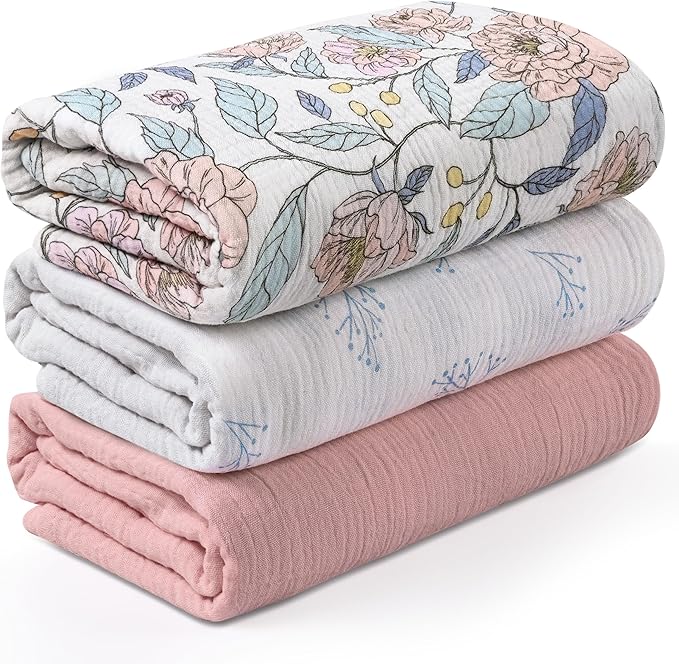 Muslin Swaddle Blankets for Newborn, 3 Pack Breathable Soft Receiving Blanket, Large 38 x 40 inches Swaddle Wrap Burping Clothes, Essentials Infant Shower Items, Toddler Gift (Cute Flower)