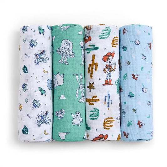 aden + anais Essentials Muslin Swaddle Blankets, Newborn Receiving Blanket for Swaddling, 100% Cotton Baby Swaddle Wrap, 4 Pack, Toy Story
