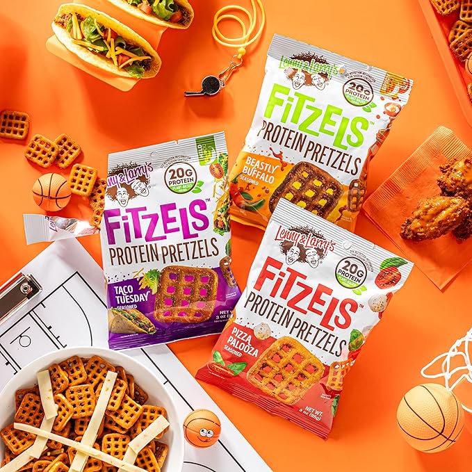 Lenny & Larry's FITZELS Protein Pretzels [GAME DAY Variety Pack] – 12 x 3oz Bags of High Protein Snacks with 20g Plant Based Protein – Incredibly Tasty with Salty Crunch