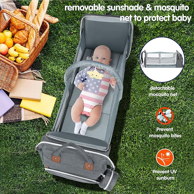 DERJUNSTAR Baby Diaper Bag Backpack with ChangingStation-Large Capacity Baby Bag for Boys & Girls, USBCharging Port, Pacifier Case, sunshade & Toy Bar,Waterproof