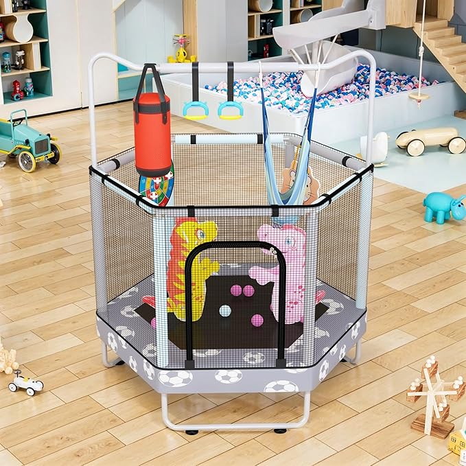 LAMERGE 55" 7-in-1 Round Trampoline for Kids Boys & Girls Ages 1-8, Indoor & Outdoor Trampoline for Fun, Adjustable Height Handrail ＆ Enclosed Safety Net ＆ Durable Designs for Toddlers Children