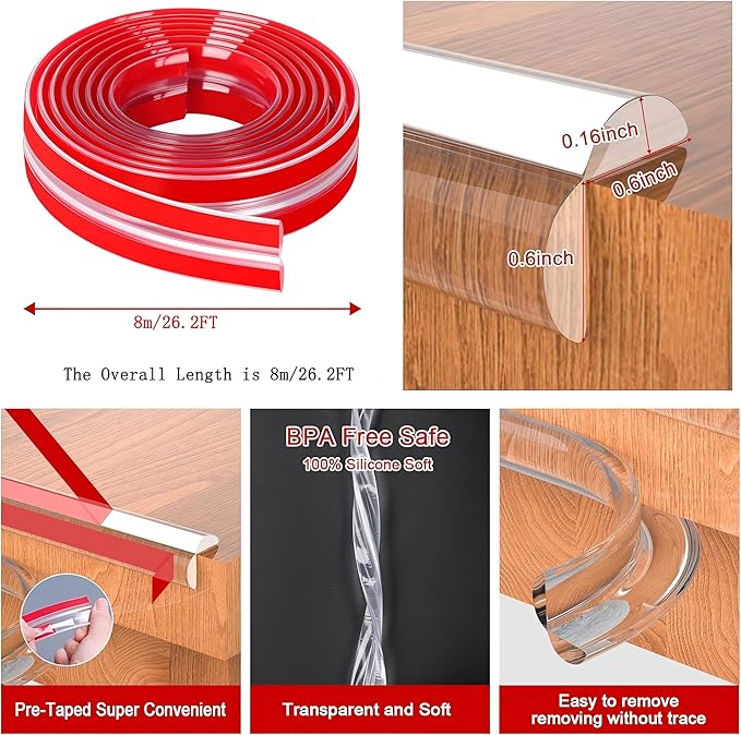 Edge Protector for Baby Proofing,Clear Edge Protector Strip,Sharp Edge Wrap Cover Tape,Self Adhesive Protective Bumper Guards for Cabinet Door,Desk,Glass Table, and Wall 26.2ft with 4 Corners
