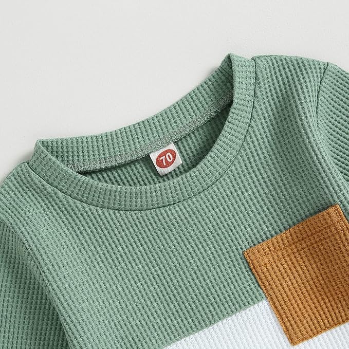 Toddler Baby Boy Fall Outfit Long Sleeve Crew Neck Contrast Color Sweatshirt Top Pant Cute Newborn Infant Waffle Clothes