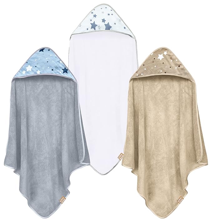 Coral Dock 3 Pack Baby Hooded Bath Towel Sets, Ultra Absorbent Polyester Towels, Neutral Grey Starry Sky, Suitable for Newborns and Toddlers