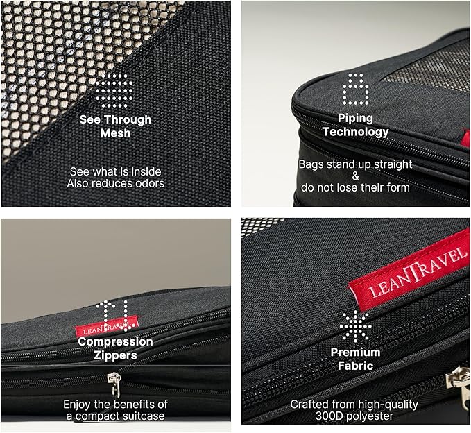 LeanTravel Premium Compression Packing Cubes for Travel - Luggage Organizers with Double Zipper - Sturdy Bags for Suitcase (3-Pack, Black)