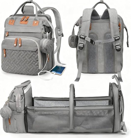 Baby Diaper Bag Backpack with Changing Station, Waterproof Large Capacity Baby Bag with USB Charging Port, Lightweight Travel Backpack Diaper Bag with Portable Crib - Grey