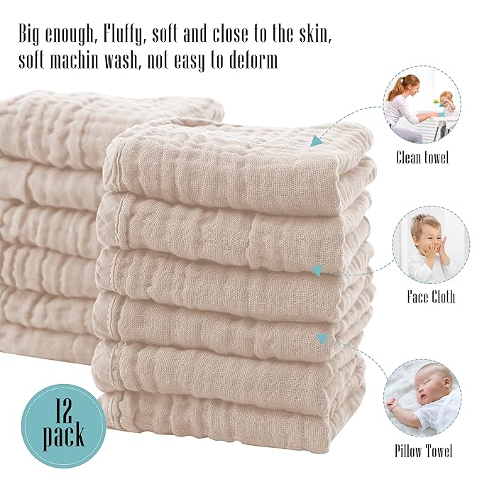 Cute Castle 12 Pack Muslin Burp Cloths for Baby - Ultra-Soft 100% Cotton Baby Washcloths - Large 20'' by 10'' Super Absorbent Milk Spit Up Rags - Burpy Cloths for Unisex, Boy, Girl - Brown