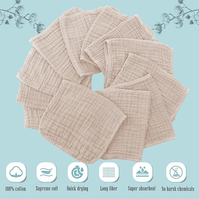Cute Castle 12 Pack Muslin Burp Cloths for Baby - Ultra-Soft 100% Cotton Baby Washcloths - Large 20'' by 10'' Super Absorbent Milk Spit Up Rags - Burpy Cloths for Unisex, Boy, Girl - Brown