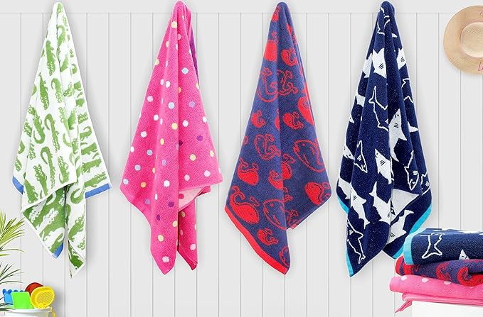 ORIGINAL KIDS 6 Piece Towel Set - Bath Time in A While Crocodile- 2 Bath Towels, 2 Hand Towels, 2 Washcloths - 100% Cotton Jacquard Soft Absorbent Pool Beach Towel Gift - Green Blue