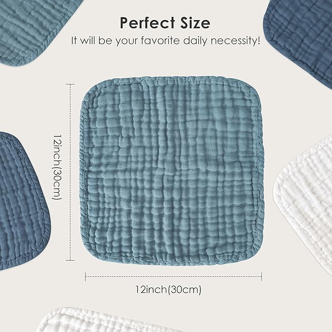 Sunny zzzZZ Baby Muslin Washcloths -100% Cotton Muslin Soft Baby Bath Wash Cloths and Absorbent Burp Cloths for Newborns Kids Girls and Boys -12 Pack, 12x12 Inches - White+Light Navy Series