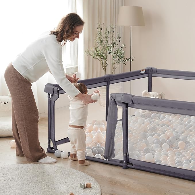 Sweeby Baby Playpen, 79x71 Inch Foldable Playpens for Babies and Toddlers with Gate, Extra Large Playpen with Door Play Yard for Baby Fence Indoor and Outdoor Portable Play Pen,Dark Gray