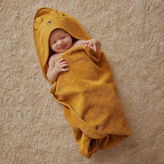 Baby Hooded Towel – Organic Cotton Baby Bath Towels – Baby Towels, Baby Bath Towels for Baby Boy, Baby Girl, 32" x 32" Super-Soft and Absorbent Baby Towels for Newborn (Bear - Autumn Yellow)