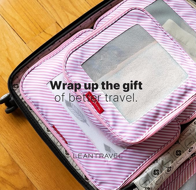 LeanTravel Premium Compression Packing Cubes for Travel - Luggage Organizers with Double Zipper - Sturdy Bags for Suitcase (6-Pack, Pink Stripes)