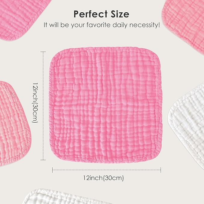 Sunny zzzZZ Baby Muslin Washcloths -100% Cotton Muslin Soft Baby Bath Wash Cloths and Absorbent Burp Cloths for Newborns Kids Girls and Boys -12 Pack, 12x12 Inches - White+Deep Sakura Series