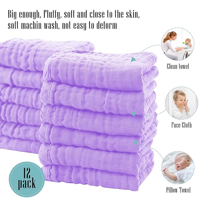 Cute Castle 24 Pack Muslin Burp Cloths for Baby - Ultra-Soft 100% Cotton Baby Washcloths - Large 20'' by 10'' Super Absorbent Milk Spit Up Rags - Burpy Cloths for Unisex, Boy, Girl - Purple