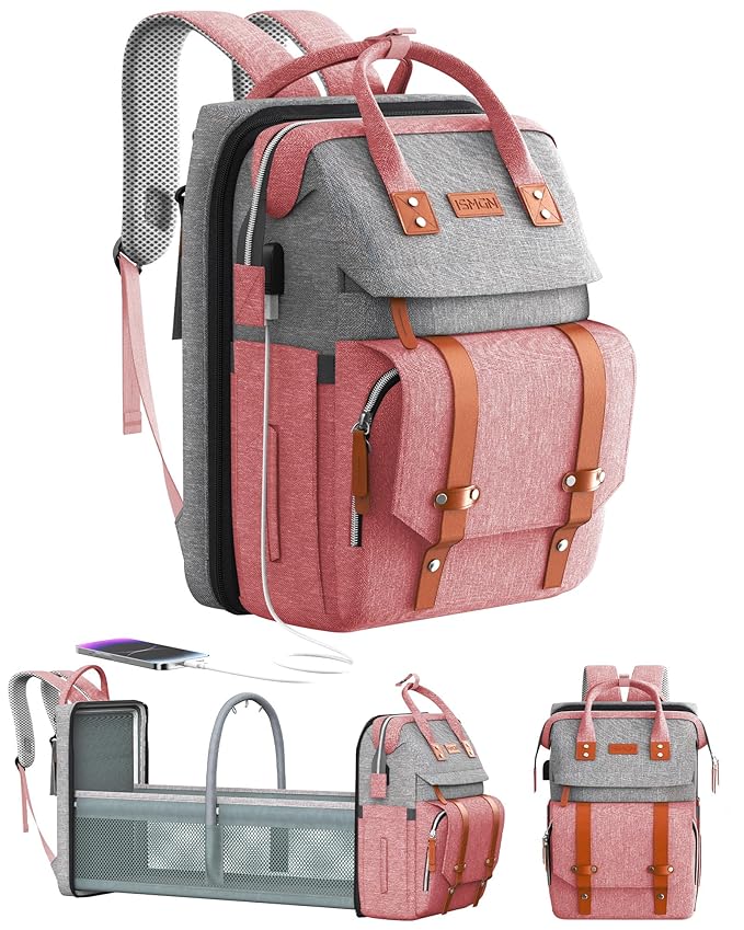 Diaper Bag Backpack with Changing Station, Large Diaper Bag, Baby Bag with Changing Station, Pink Diaper Bag, Pinkgray