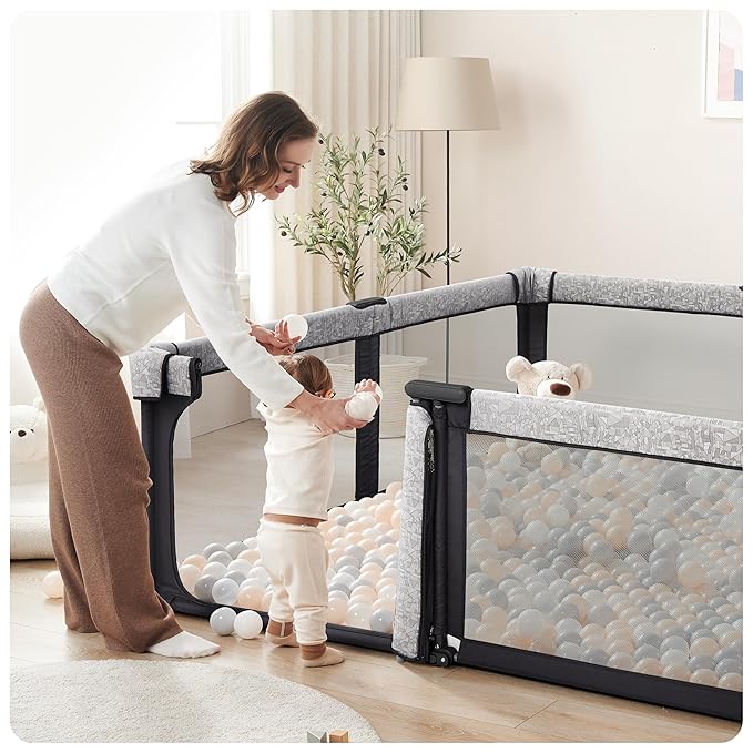 Sweeby Baby Playpen, 79x71 Inch Foldable Playpens for Babies and Toddlers with Gate, Extra Large Playpen with Door Play Yard for Baby Fence Indoor and Outdoor Play Pen, Obsidian Black
