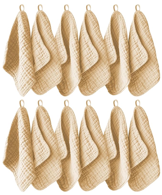 12 Pack Muslin Washcloths for Baby - 100% Cotton Baby Wash Cloths for or Baby Face Body Comfy and Soft for Newborn Infants Kids Girls and Boys - 12"x12" - Brown