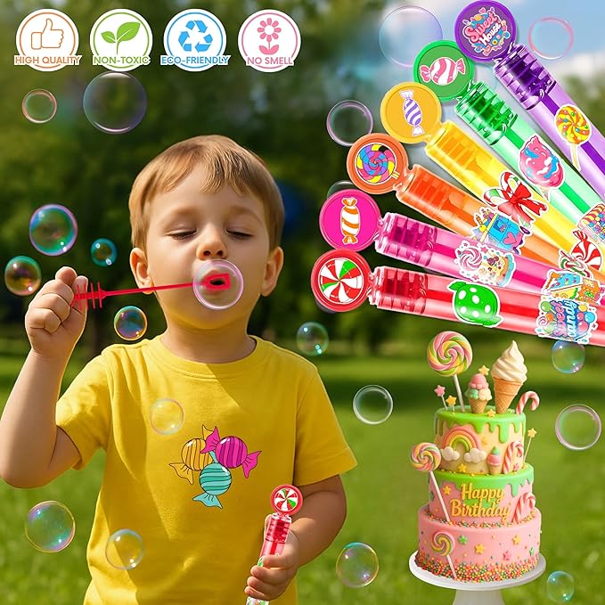 Candyland Party Favors for Kids – 24PCS Sweet-Themed Mini Bubble Wands, Great for Birthday Supplies, Pinata Fillers, Goodie Bags & Classroom Rewards
