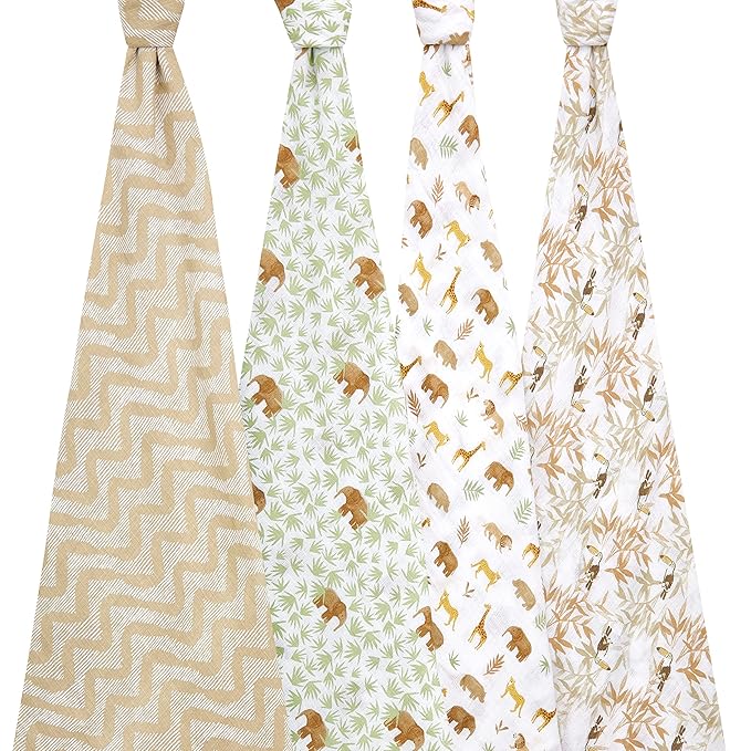 aden + anais Essentials Muslin Swaddle Blankets for Baby Girls and Boys, Newborn Receiving Blanket for Swaddling, 100% Cotton Baby Swaddle Wrap, 4 Pack, Tanzania