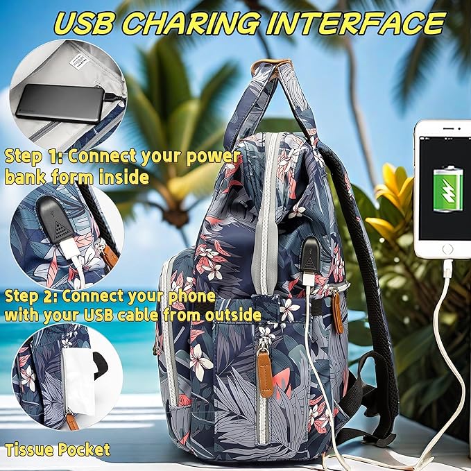 Floral Diaper Bag Backpack with USB Charging Port Stroller Straps and Insulated Pocket,Travel Nappy BackpackFor Women/Mum (Flower Pattern)