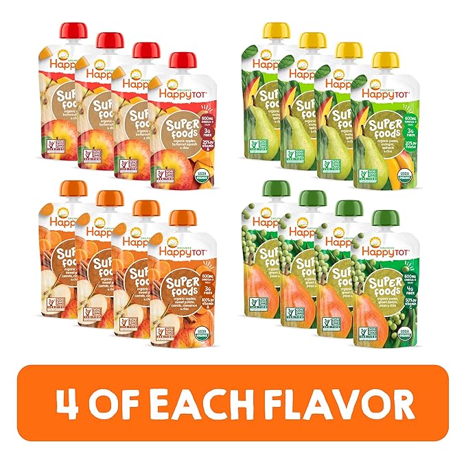 HAPPYTOT Organics Stage 4 Baby Food Pouches, Gluten Free, Vegan Snack, SuperFoods Fruit & Veggie Puree & Chia Variety Pack, 4.22 Ounce (Pack of 16), Amazon Exclusive