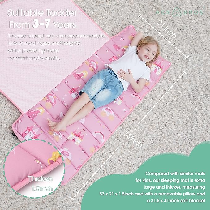 ACRABROS Toddler Nap Mat with Pillow and Blanket, Large Rolled Napping Mats,Slumber Bags for Boys Girls,Kids Sleeping Bag for Daycare, Preschool Travel