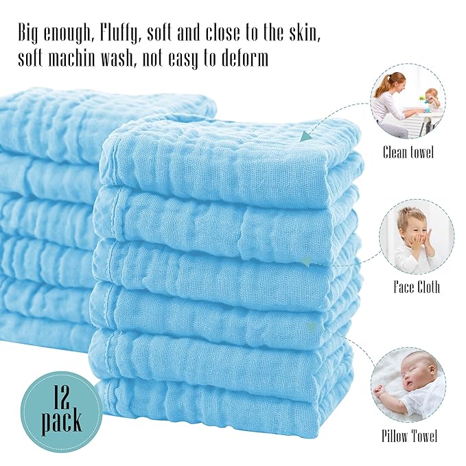 Cute Castle 12 Pack Muslin Burp Cloths for Baby - Ultra-Soft 100% Cotton Baby Washcloths - Large 20'' by 10'' Super Absorbent Milk Spit Up Rags - Burpy Cloths for Unisex, Boy, Girl - Aquamarine