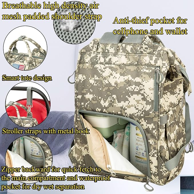 Diaper Bag Backpack for Dad and Mom with USB Charging Port Stroller Straps and Insulated Pocket,army military Travel Nappy Backpack for Daddy/Mommy (Camo)