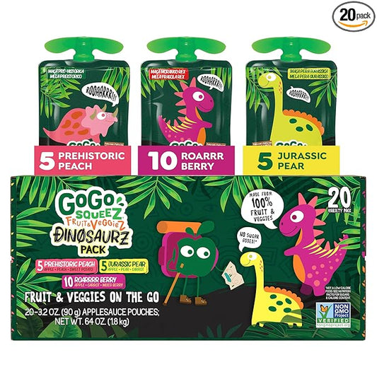 GoGo squeeZ Fruit & veggieZ Applesauce and Puree Variety Pack, Jurassic Pear, Roarrrr Berry & Prehistoric Peach, 3.2 oz (Pack of 20), Unsweetened Snacks for Kids, BPA Free Pouches