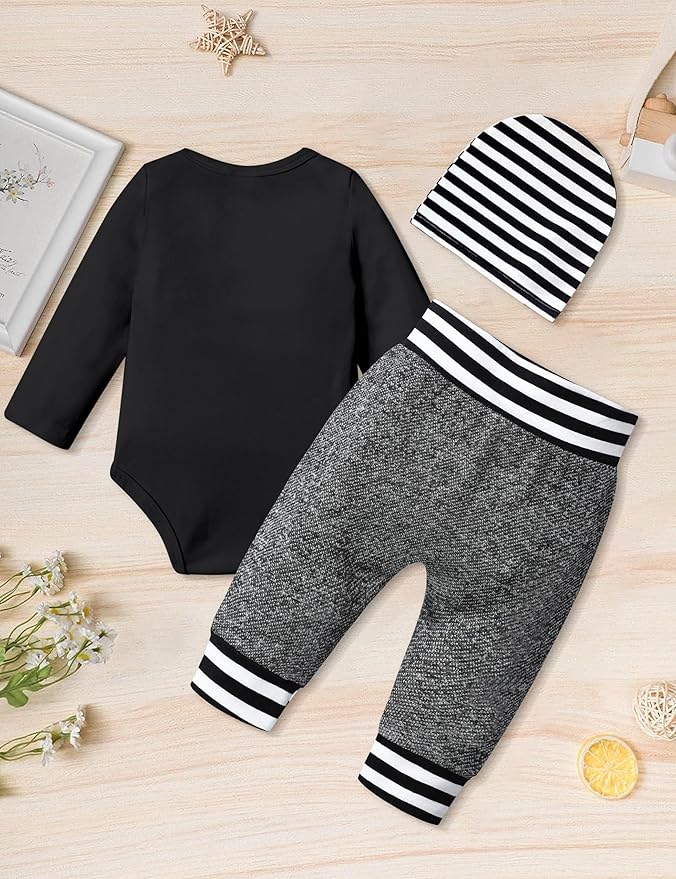 Fommy Newborn Baby Boy Clothes New to The Crew Letter Print Romper+ Pants+Hat 3PCS Outfit