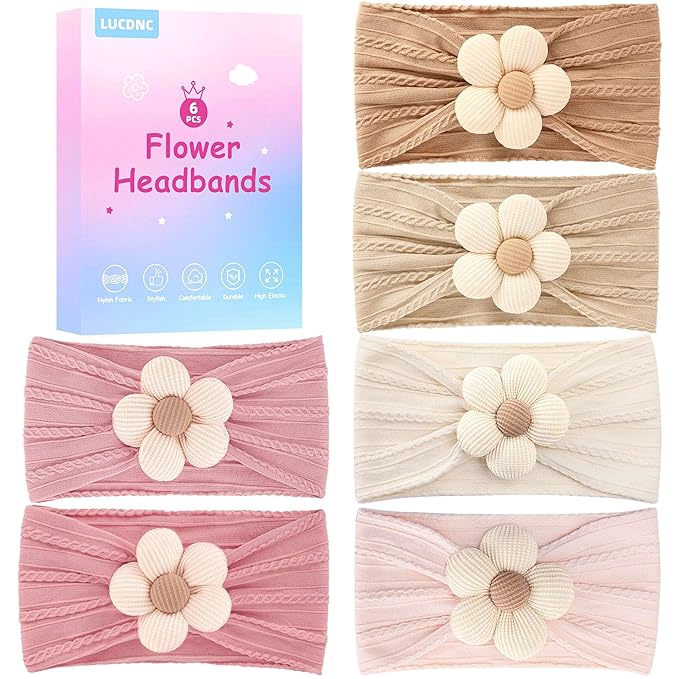 6 Pcs Baby Girls' Headbands Gifts for Newborn Infant Toddler Handmade Soft Comfortable Elasticity Nylon Baby Flower Hairbands Essentials Accessories