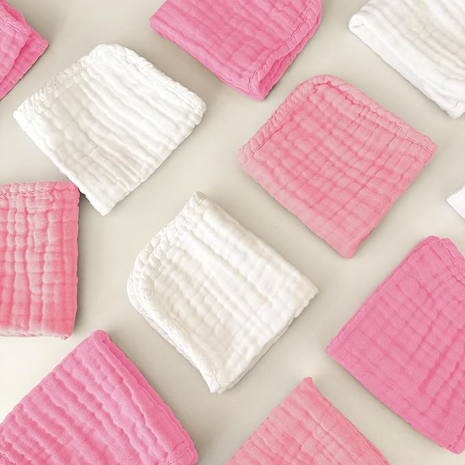 Sunny zzzZZ Baby Muslin Washcloths -100% Cotton Muslin Soft Baby Bath Wash Cloths and Absorbent Burp Cloths for Newborns Kids Girls and Boys -12 Pack, 12x12 Inches - White+Deep Sakura Series