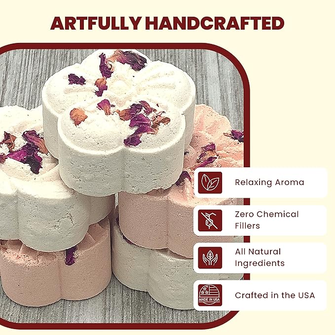 LOVE POTION #MINE Melting Shower Bombs w/Rose Petals (5PK) - Ylang Ylang, Jasmine, Vanilla Romance Essential Oil Blend – Christmas Gifts for Women – Self Care and Relaxation – Stress Relief