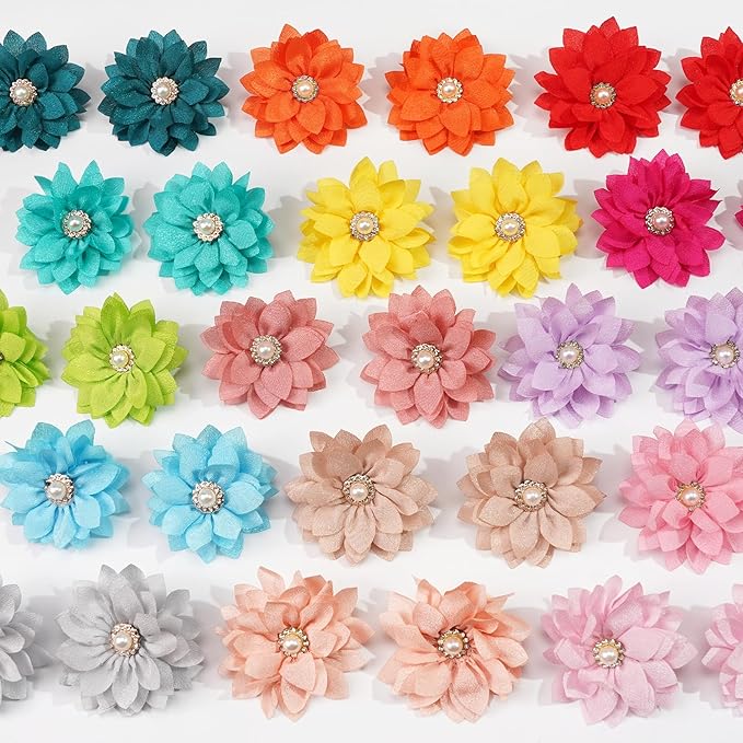 40Pcs Baby Chiffon Flower Hair Ties for Toddler Girls - 2.2 Inch Handmade Pearl Rhinestone Chiffon Flower Soft Elastics Ponytail Holders for Newborns to Kids