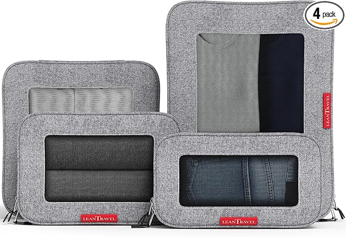 LeanTravel Premium Compression Packing Cubes for Travel - Luggage Organizers with Double Zipper - Sturdy Bags for Suitcase (4-Pack, Grey)