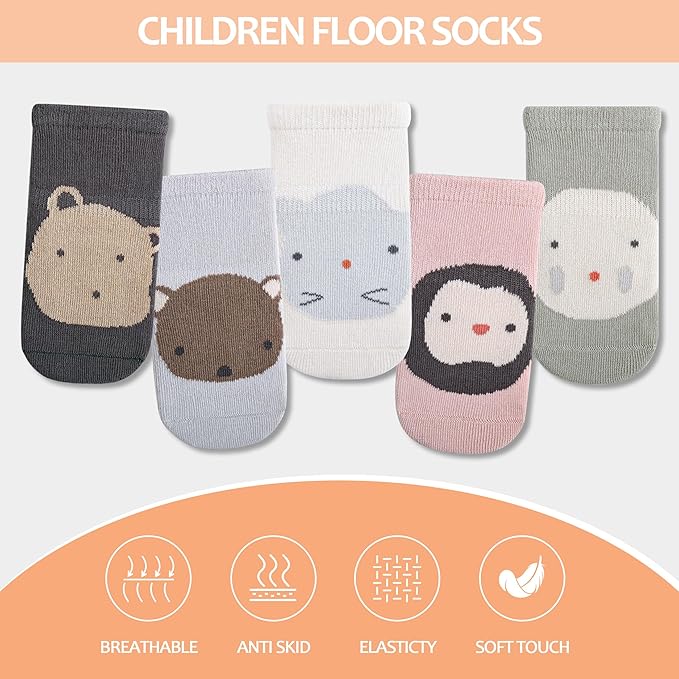 TRUEHAN 5 Pairs Toddler Non Slip Socks with Grips Baby Socks for Kids Girls Boys