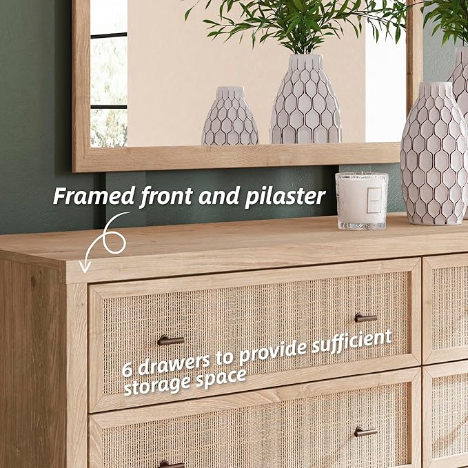 Signature Design by Ashley Cielden Coastal 6-Drawer Dresser, Bronze-Tone Knobs, Safety Stop, Textured Cane Details, 62.01" W x 19.65" D x 35.67" H, Light Brown