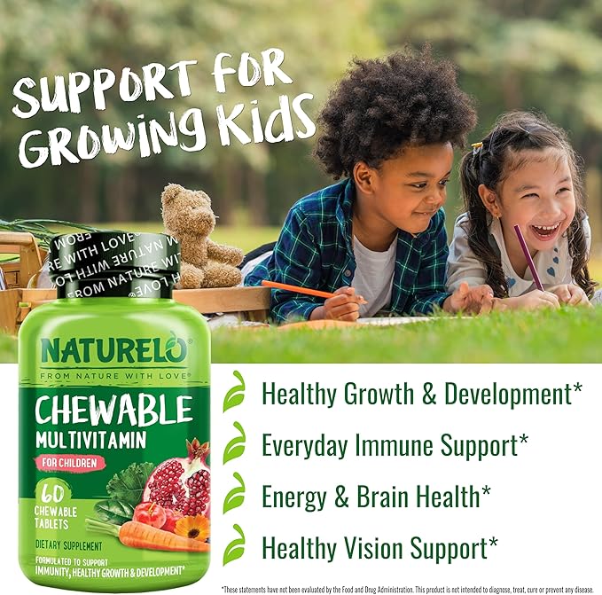 NATURELO Chewable Vitamin for Kids Multivitamin with Whole Food Organic Fruit Blend - 60 Tablets for Children
