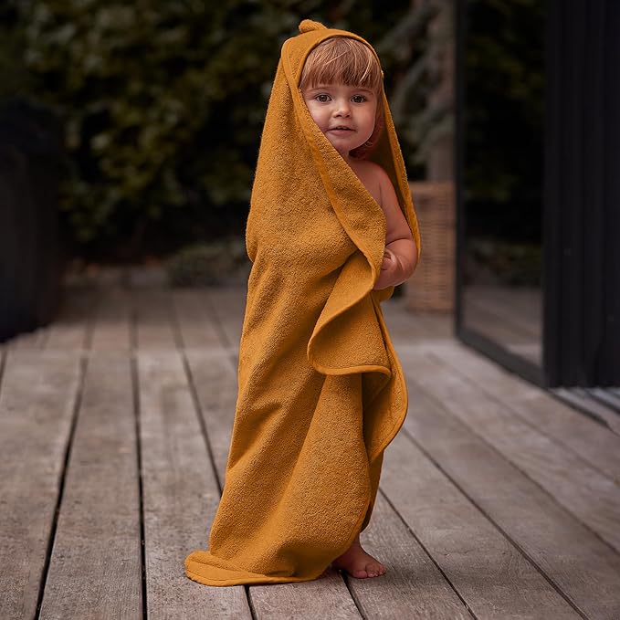 Baby Hooded Towel – Organic Cotton Baby Bath Towels – Baby Towels, Baby Bath Towels for Baby Boy, Baby Girl, 32" x 32" Super-Soft and Absorbent Baby Towels for Newborn (Bear - Autumn Yellow)