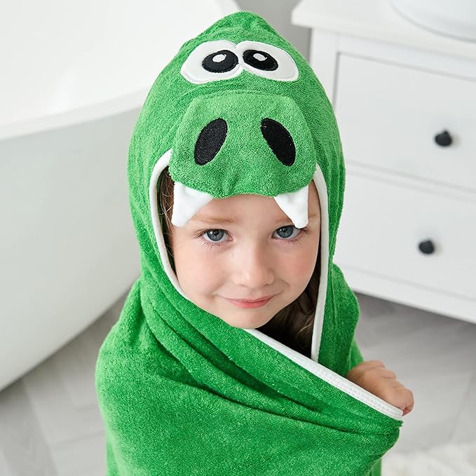 HIPHOP PANDA Hooded Towel - Rayon Made from Bamboo, Bath Towel with Bear Ears for Newborn, Babie, Toddler, Infant - Absorbent Large Baby Towel - Dinosaur, 30 x 40 Inch
