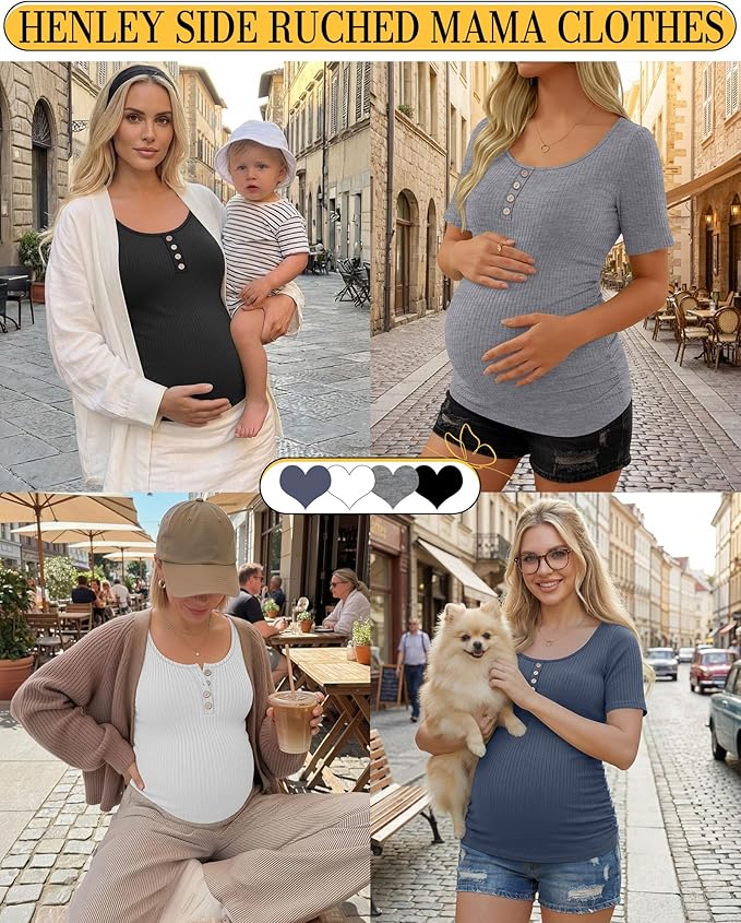 4 Pack Womens Maternity Shirts Scoop Neck Cotton Short Sleeve Ribbed Pregnancy Top Henley Side Ruched Mama Clothes
