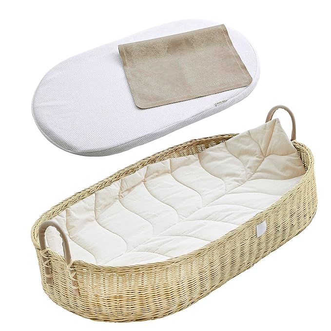 BEBE BASK Premium Baby Changing Basket - Artisan-Crafted Rattan with Extra High Sides - Wicker Changing Basket for Baby Dresser - All Accessories Included - Complete Set for Nursery (Rattan)